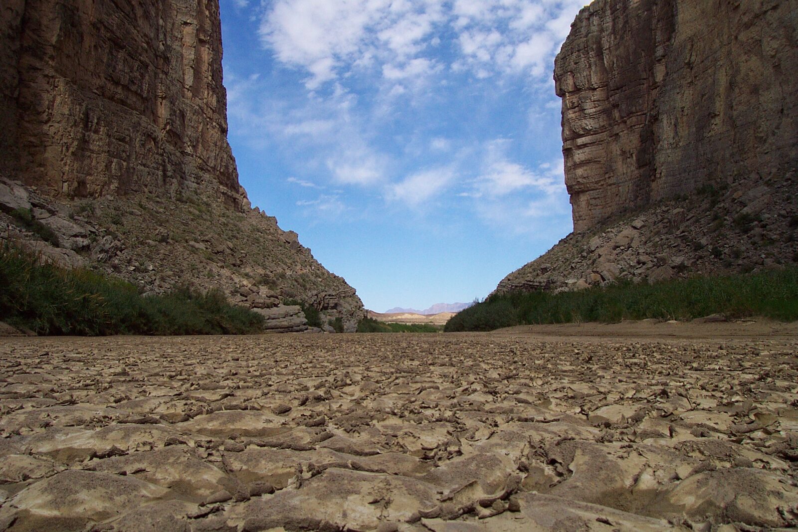 The Rio Grande riverbed, cracked and dry