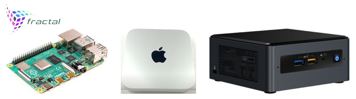 A Raspberry Pi, an Apple Mac mini, and an Intel NUC mini-PC